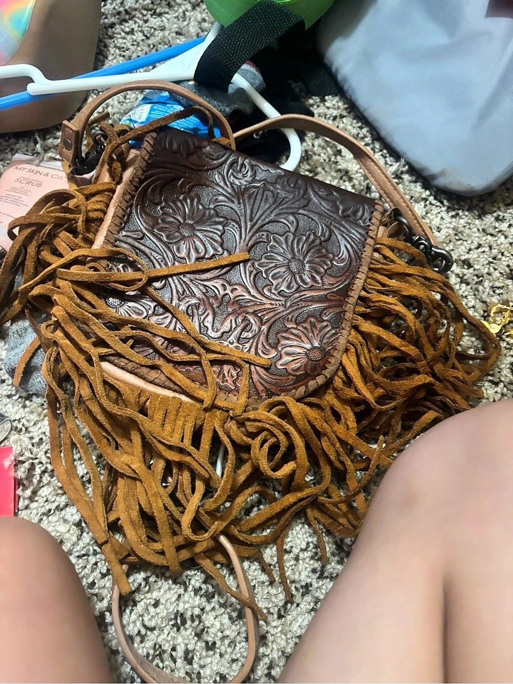 Real leather Floral Fringe Crossbody Bag